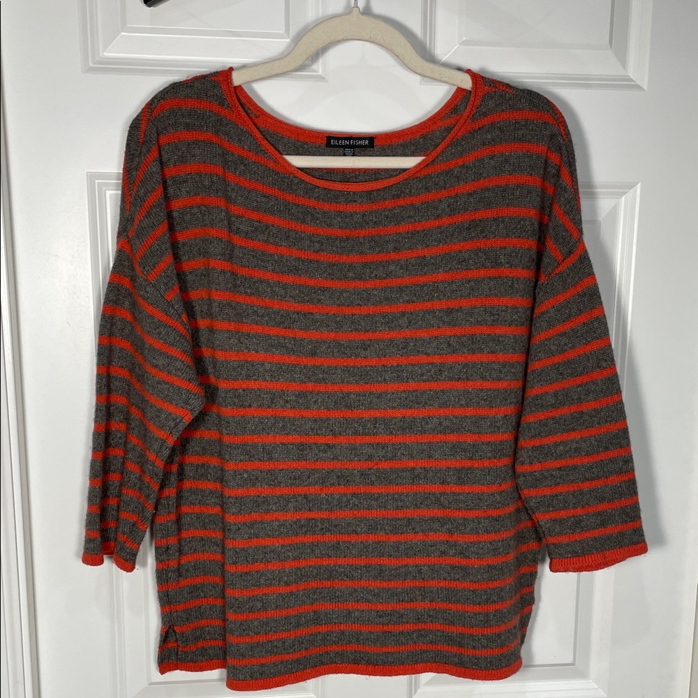 Eileen Fisher Wool Striped Sweater Size Medium 3/4 Sleeve Boxy Relaxed Boat Neck - Picture 3 of 13